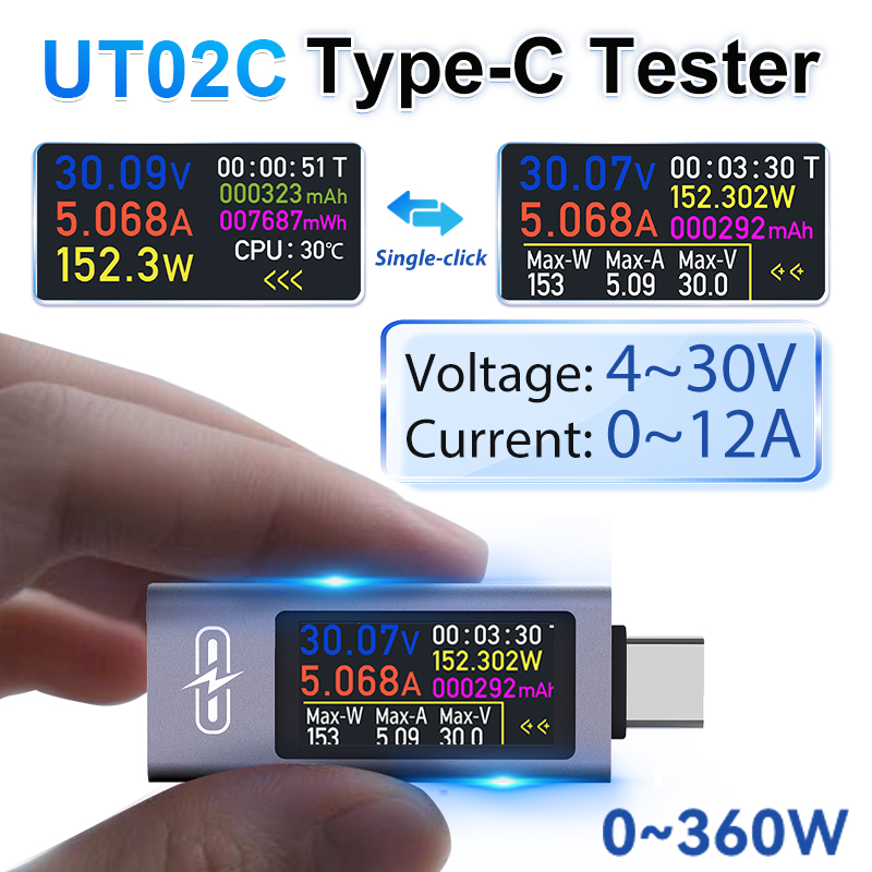 Logic Analyzer Usb - UT02C USB หน้าจอสี Type-C เครื่องทดสอบแรงดันไฟฟ้า DC4-30V